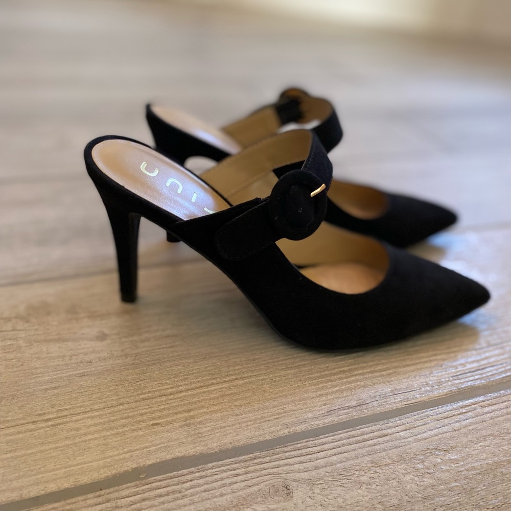 Black Mule Heels with Buckle Detail